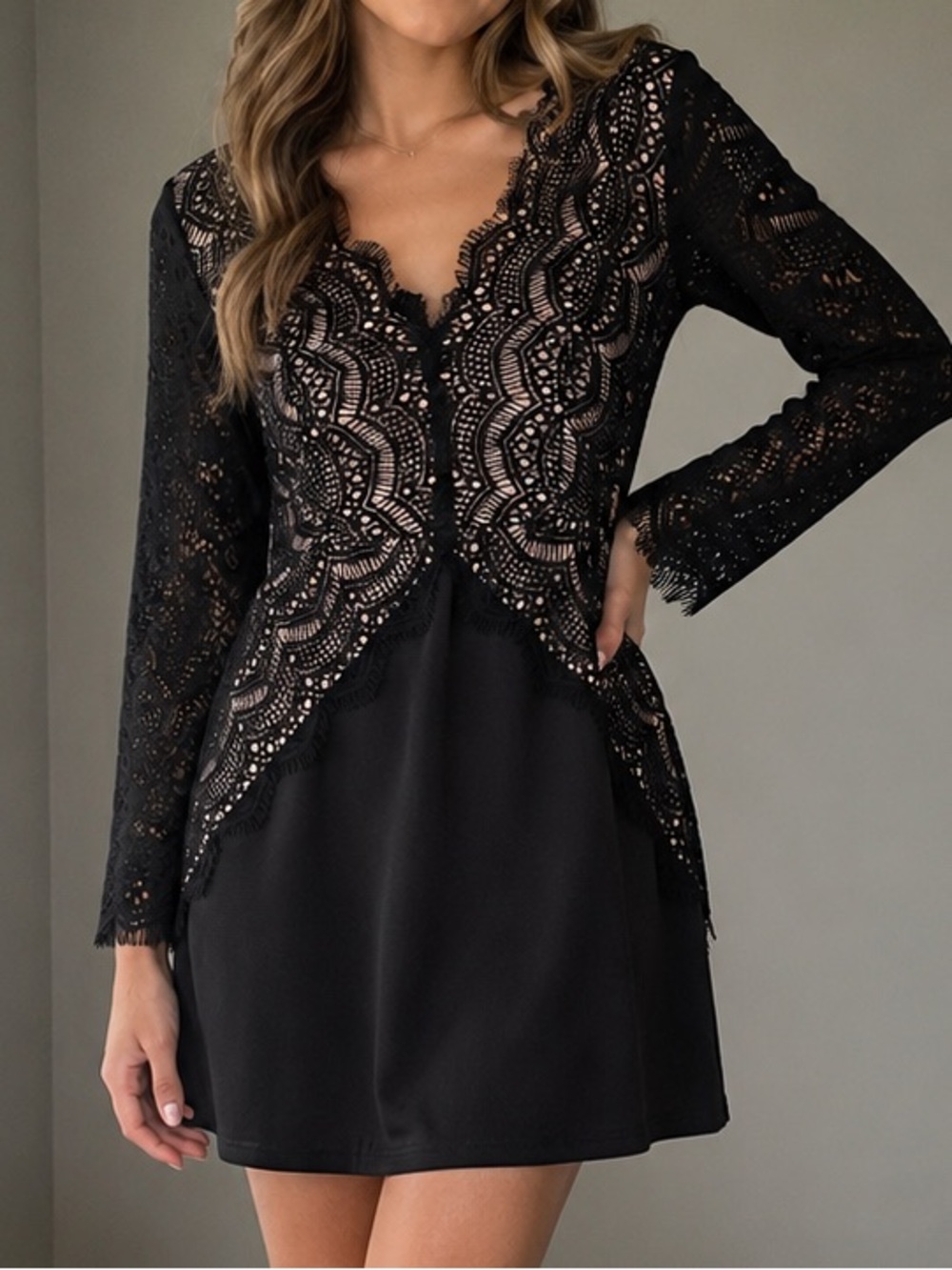 Papillon Black Lace Overlay Mini Dress – Long Sleeve – Elegant Cocktail
